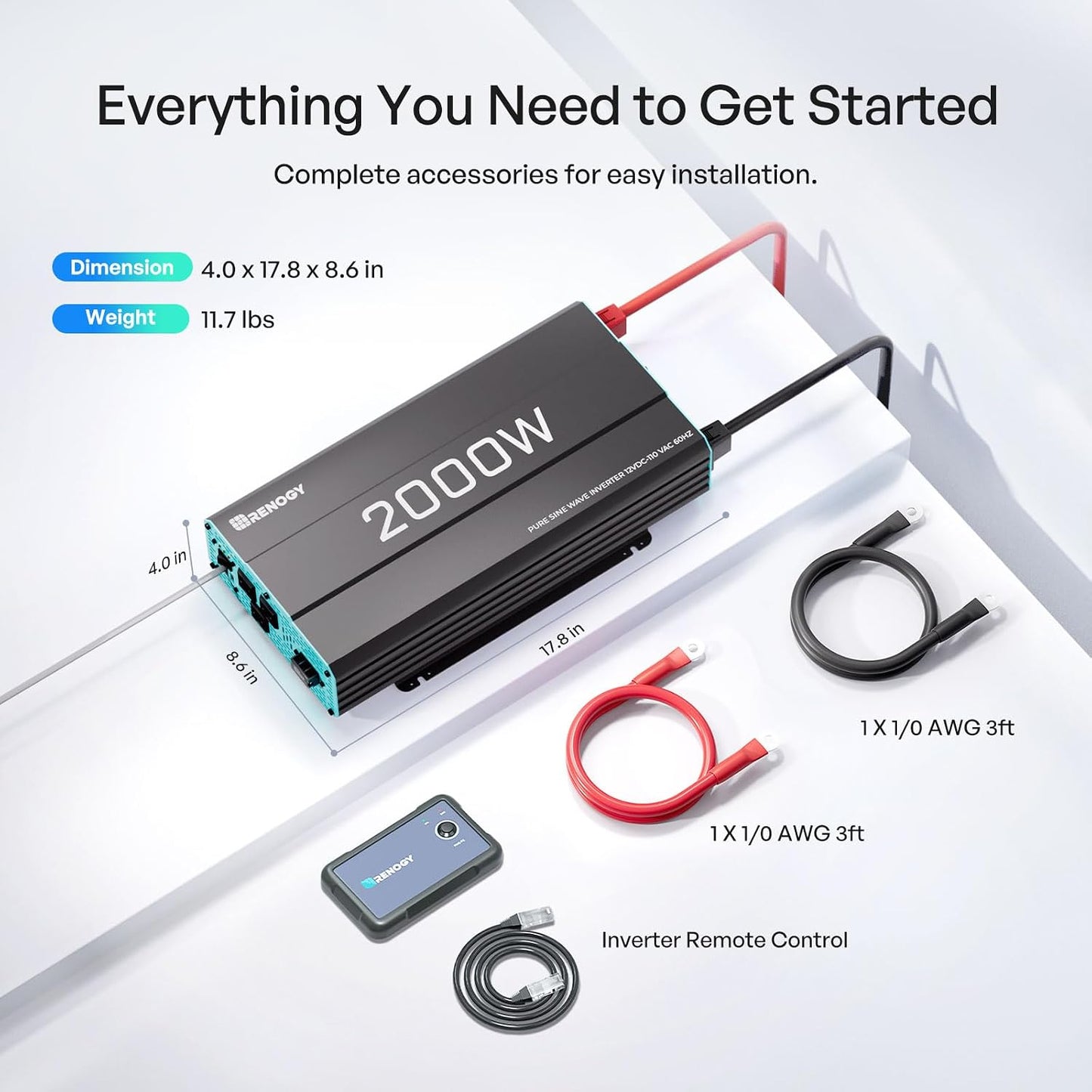 Renogy 2000W Pure Sine Wave Inverter 12V to 110V Over 90% Efficiency