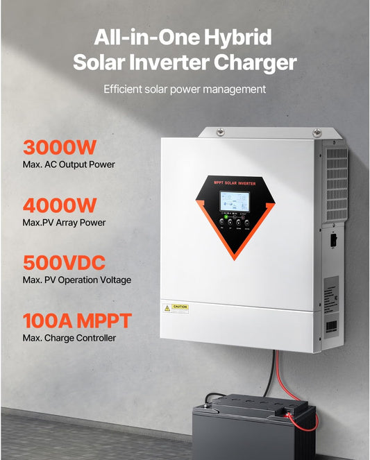 3000W Hybrid Solar Inverter, Pure Sine Wave Power Inverter Charger, 24V DC to 110/120V AC, Integrated 100A MPPT Solar Controller, Compatible with Off-Grid Systems and Various Battery Types