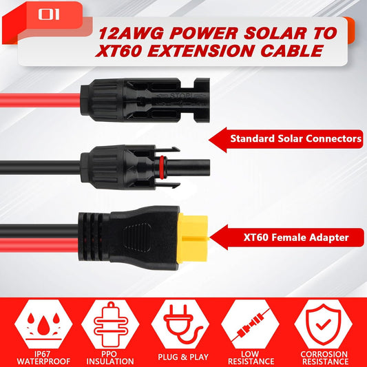 Solar Panel Plug to XT60 Charge Cable,10FT, 12AWG XT60 Plug Female Connector Adapter Battery Charger Cable for for RV Folding Solar Panel, Generators (10 FT)
