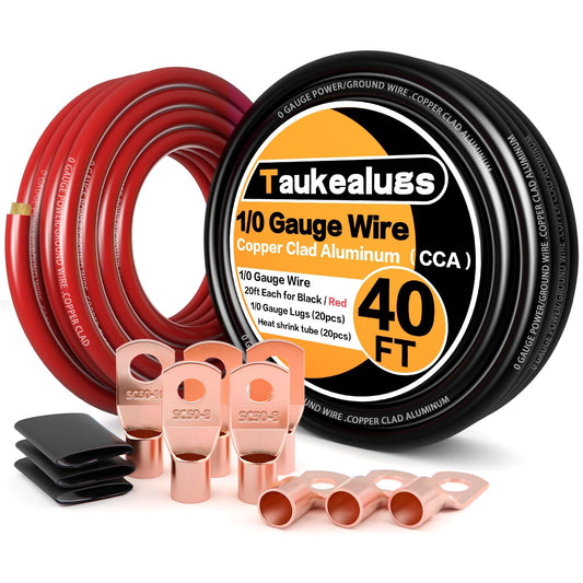 1/0 Gauge Battery Cable Wire Copper Clad Aluminum CCA Amp Wiring Kit 40FT Black/Red for Automotive Power Ground,Car Audio Speaker,Truck with 250A ANL Fuse Holder Lug Terminal Heat Shrink Tube