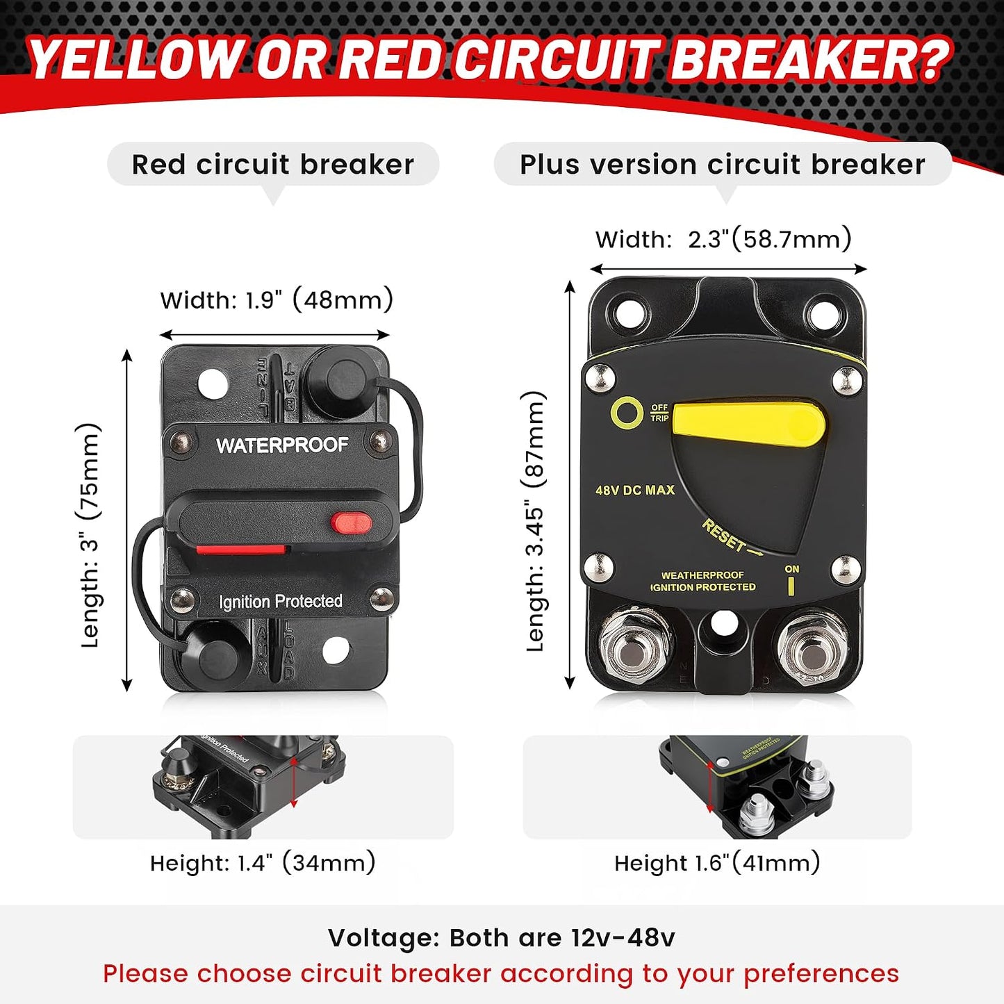 RED WOLF BS6050 50A Amp Circuit Breaker W/Manual Reset Switch DC 12-48V for Car Audio RV Marine Boat Truck Trolling Motors Stereo Audio Electronic Battery Solar System Waterproof
