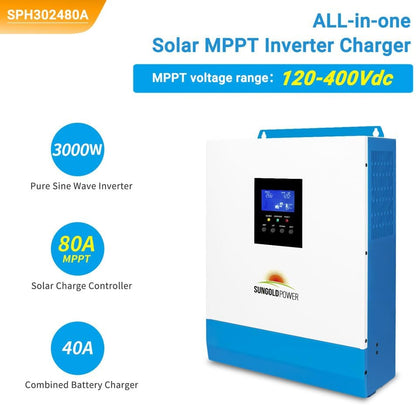 SUNGOLDPOWER 3000W 24V Solar Inverter All in One, 120Vac Input,120V Output Pure Sine Wave, 80A MPPT(PV Range 120-450Vdc) Solar Charger and 40A AC Battery Charger in Off Grid System