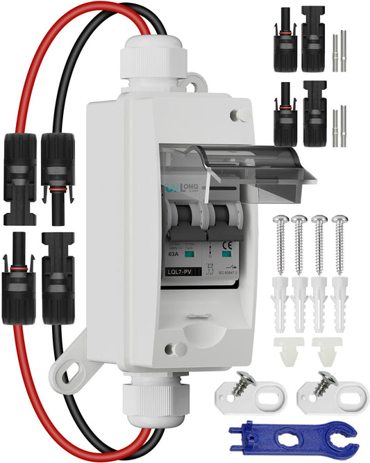 Solar Disconnect Switch 40A DC1000V Circuit Breaker 2P with PV Connector and IP65 Small Breaker Box and Wall Hooks for Outdoor PV Stystem, Battery, PV Array MCB