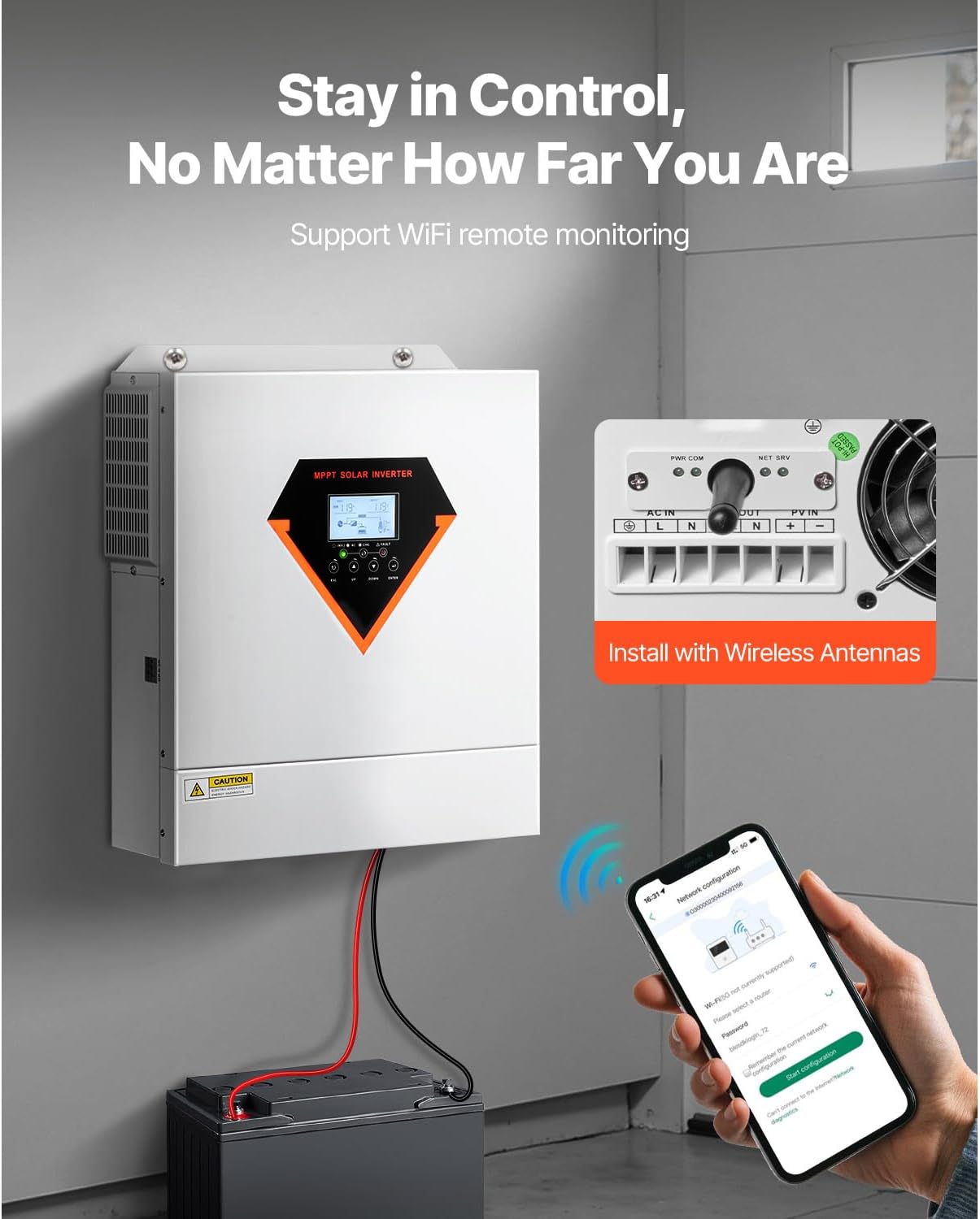 3000W Hybrid Solar Inverter, Pure Sine Wave Power Inverter Charger, 24V DC to 110/120V AC, Integrated 100A MPPT Solar Controller, Compatible with Off-Grid Systems and Various Battery Types