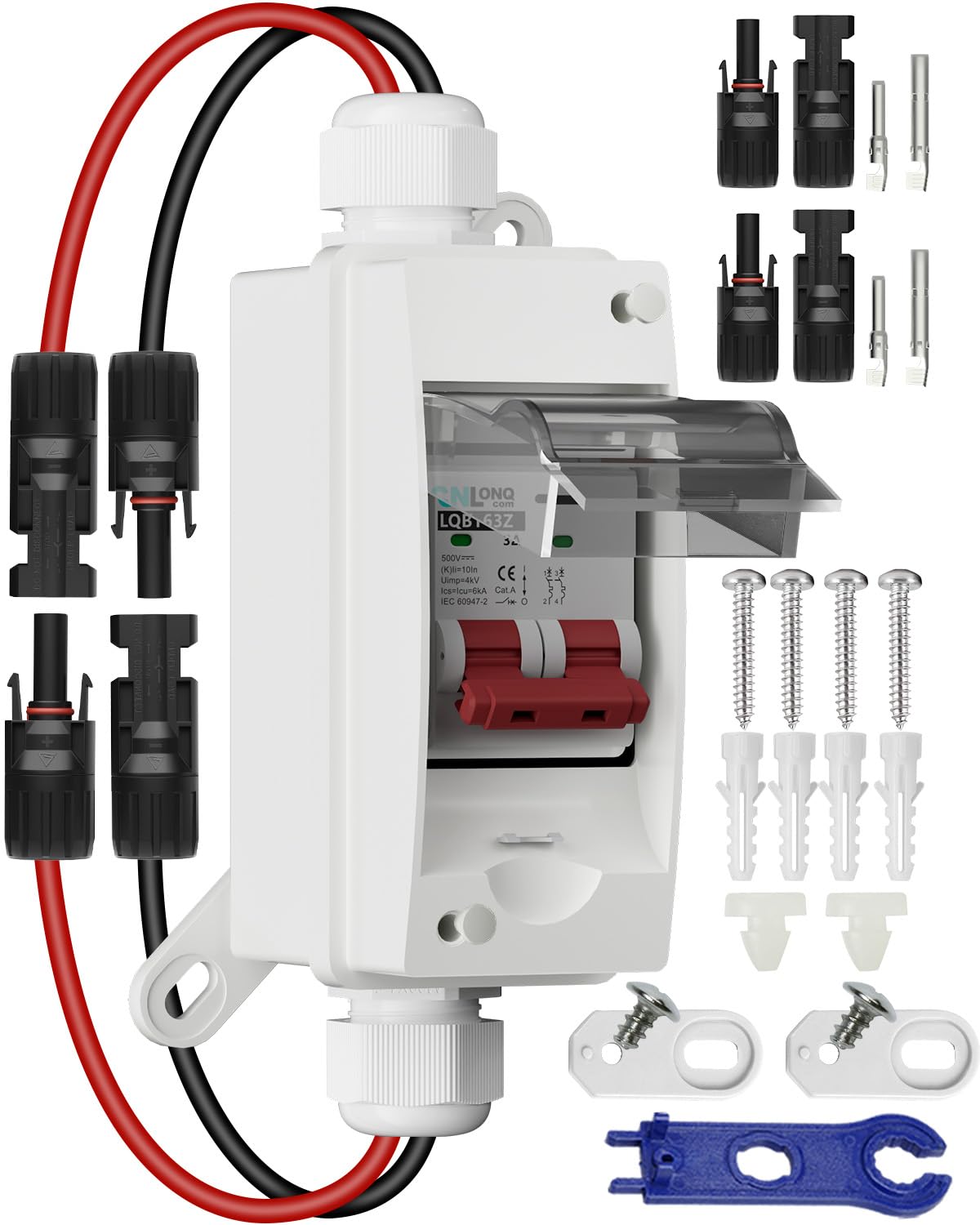 Solar Disconnect Switch 40A DC1000V Circuit Breaker 2P with PV Connector and IP65 Small Breaker Box and Wall Hooks for Outdoor PV Stystem, Battery, PV Array MCB