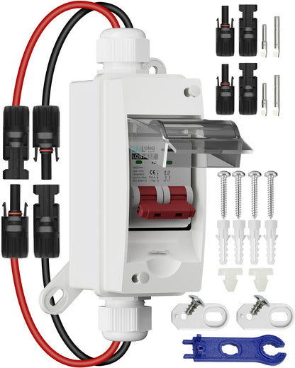 Solar Disconnect Switch 40A DC1000V Circuit Breaker 2P with PV Connector and IP65 Small Breaker Box and Wall Hooks for Outdoor PV Stystem, Battery, PV Array MCB