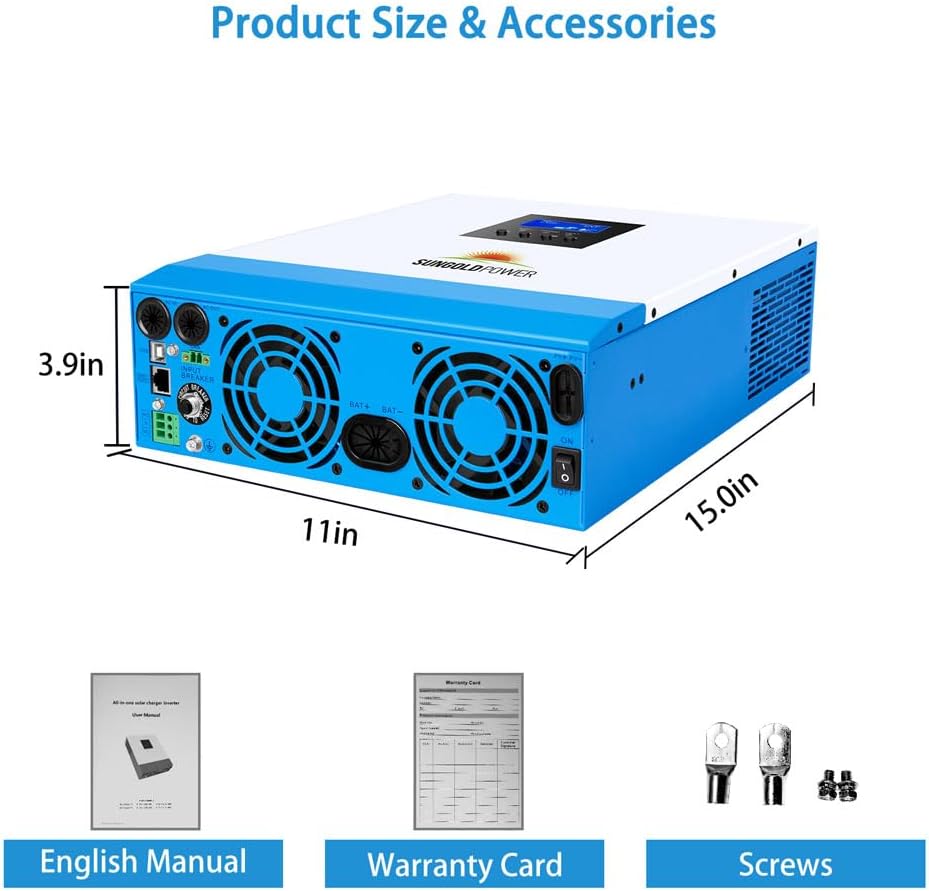 SUNGOLDPOWER 3000W 24V Solar Inverter All in One, 120Vac Input,120V Output Pure Sine Wave, 80A MPPT(PV Range 120-450Vdc) Solar Charger and 40A AC Battery Charger in Off Grid System