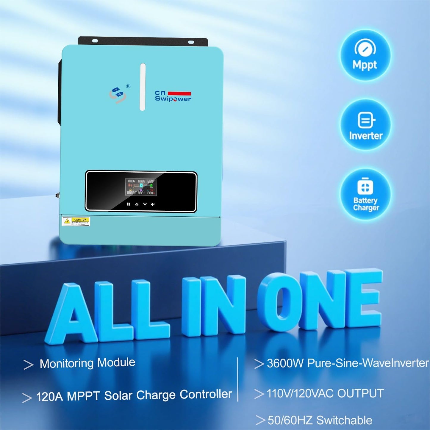 3600W solar hybrid inverter, 24V pure sine wave output (20V-30V input range) DC to AC 110V 60Hz and built-in 120A MPPT driver, for homes and vehicles