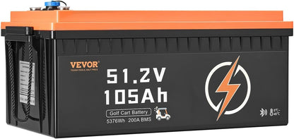 VEVOR 48V 105Ah Golf Cart Lithium Battery, 48 Volt Golf Cart Battery with 200A BMS, LCD Monitor and Mobile APP, LiFePO4 Battery with 600A Peak Current, 20A Charger and 4000+ Cycles, for Golf Carts