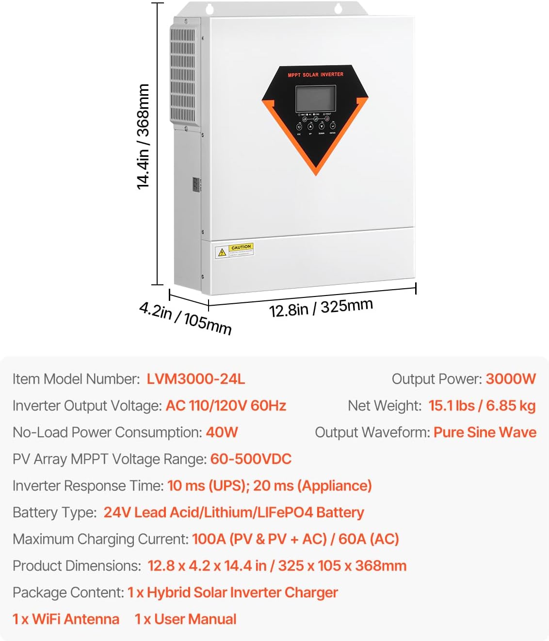 3000W Hybrid Solar Inverter, Pure Sine Wave Power Inverter Charger, 24V DC to 110/120V AC, Integrated 100A MPPT Solar Controller, Compatible with Off-Grid Systems and Various Battery Types