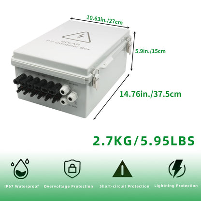 4 String Solar Combiner Box, IP65 Waterproof for On/Off Grid System, With Lightning Arrester, 15A Rated Current Fuse & 63A Circuit Breaker, Plastic Box
