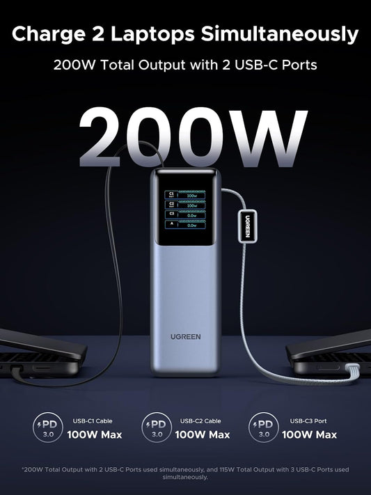 UGREEN 25000mAh 200W 3C1A Battery Pack Power Bank with Retractable Cables
