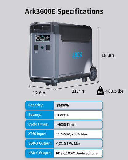 ABOK Ark3600 Portable Power Station 3600W, 3840Wh LiFePO4 Battery