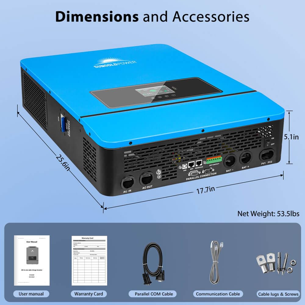 SUNGOLDPOWER 10000W DC 48V UL1741 Solar Inverter,Split Phase,Built-in 2 MPPT Solar Controllers,Max. 200A Battery Charging,AC Input/Output 120V/240V(settable) Inverter Charger(Support Parallel & COMM)