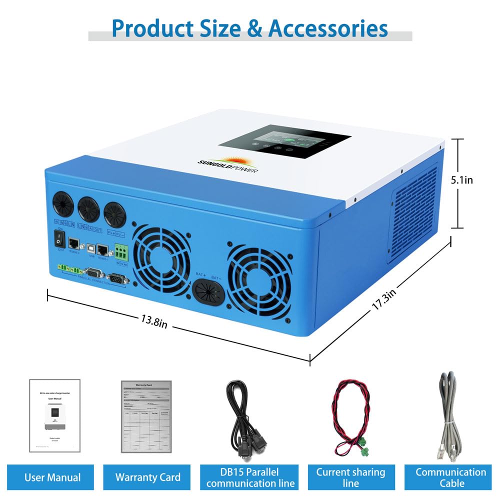 SUNGOLDPOWER 3000W 24V Solar Inverter All in One, 120Vac Input,120V Output Pure Sine Wave, 80A MPPT(PV Range 120-450Vdc) Solar Charger and 40A AC Battery Charger in Off Grid System
