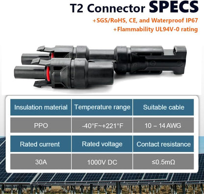 ANGSTROM T-Type Solar Branch Connectors for Parallel Solar Panel Adapter Connections, 1-Pair FMM+MFF