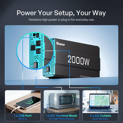Renogy 2000W Pure Sine Wave Inverter 12V to 110V Over 90% Efficiency