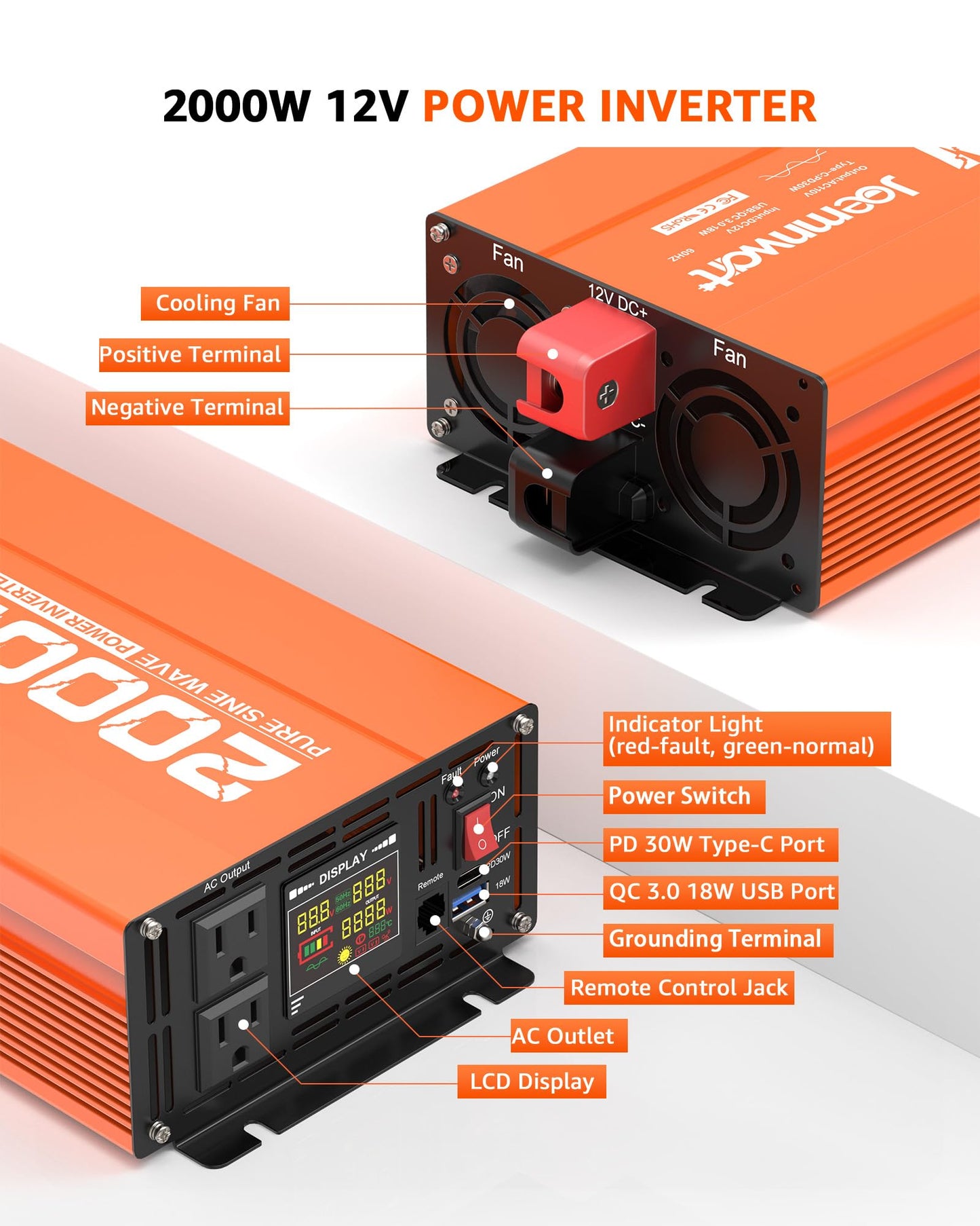 3000W Pure Sine Wave Power Inverter 24V DC to 110V AC Converter, LED Display,Remote Control, Car Inverter with 2AC Outlets,Fast Charging USB Port for RV,Truck,Home