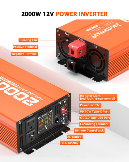3000W Pure Sine Wave Power Inverter 24V DC to 110V AC Converter, LED Display,Remote Control, Car Inverter with 2AC Outlets,Fast Charging USB Port for RV,Truck,Home