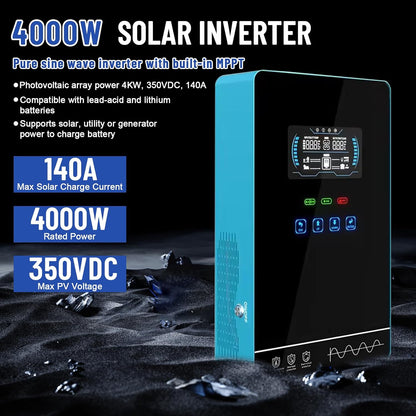 POWLAND 4000W Hybrid Solar Inverter | 140A MPPT Controller & LCD Display | 24V to 120V Pure Sine Wave for Home, RV, Off-Grid | Supports Battery-Less or AGM/Lithium Batteries