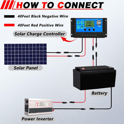 40 Feet 10AWG Solar Extension Cable with Female and Male Connector with Storage Bag Weatherproof Cable Kit for RV Camper Ferry (40FT Red + 40FT Black 10AWG)