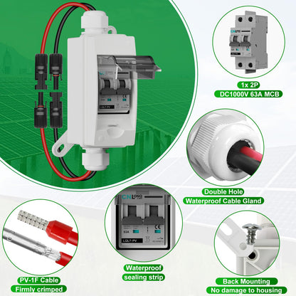 Solar Disconnect Switch 40A DC1000V Circuit Breaker 2P with PV Connector and IP65 Small Breaker Box and Wall Hooks for Outdoor PV Stystem, Battery, PV Array MCB