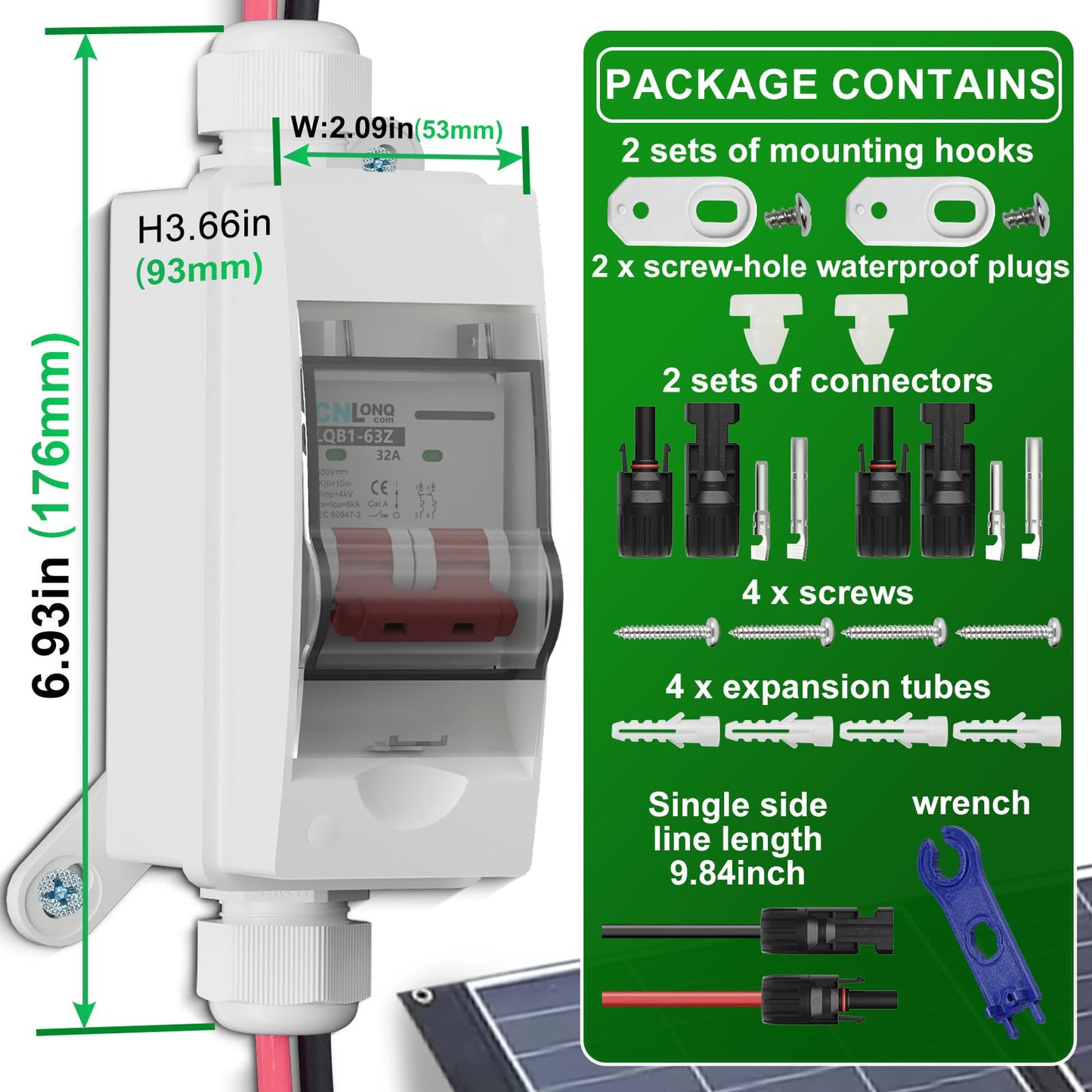 Solar Disconnect Switch 40A DC1000V Circuit Breaker 2P with PV Connector and IP65 Small Breaker Box and Wall Hooks for Outdoor PV Stystem, Battery, PV Array MCB