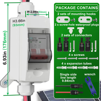 Solar Disconnect Switch 40A DC1000V Circuit Breaker 2P with PV Connector and IP65 Small Breaker Box and Wall Hooks for Outdoor PV Stystem, Battery, PV Array MCB
