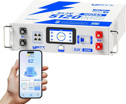 WattCycle 48V 100Ah Server Rack LiFePO4 Battery with Bluetooth, 5.12kWh Home Solar Energy Storage, 100A BMS, CAN/RS485/RS232, Max 20P Expansion (102.4kWh), LCD Screen, Deep Cycle Power for Off-Grid