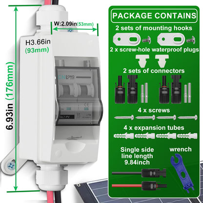 Solar Disconnect Switch 40A DC1000V Circuit Breaker 2P with PV Connector and IP65 Small Breaker Box and Wall Hooks for Outdoor PV Stystem, Battery, PV Array MCB