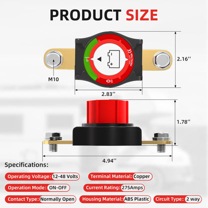 Joinfworld Battery Disconnect Switch 12V-48V Waterproof Marine Battery Cut Off Switch Master for Car Boat RV ATV UTV Vehicles