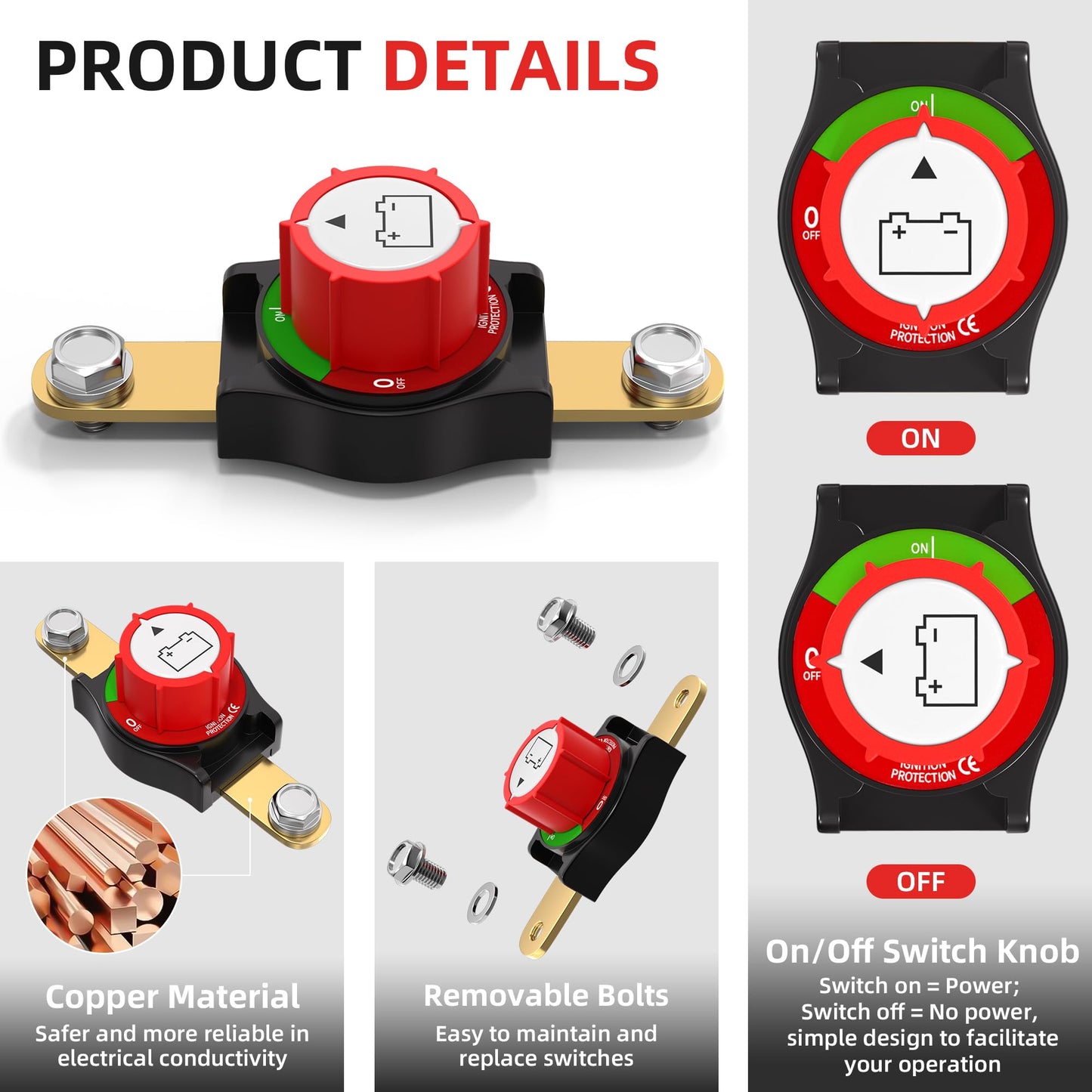 Joinfworld Battery Disconnect Switch 12V-48V Waterproof Marine Battery Cut Off Switch Master for Car Boat RV ATV UTV Vehicles