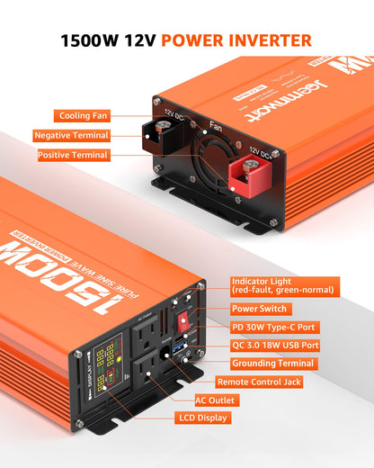 3000W Pure Sine Wave Power Inverter 24V DC to 110V AC Converter, LED Display,Remote Control, Car Inverter with 2AC Outlets,Fast Charging USB Port for RV,Truck,Home
