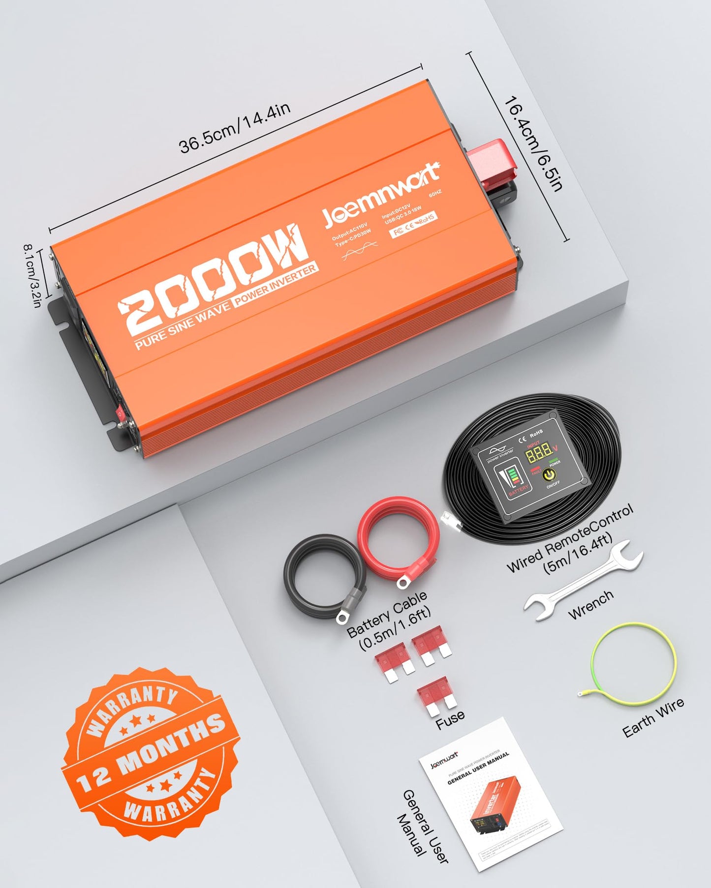 3000W Pure Sine Wave Power Inverter 24V DC to 110V AC Converter, LED Display,Remote Control, Car Inverter with 2AC Outlets,Fast Charging USB Port for RV,Truck,Home