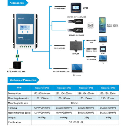 EPEVER MPPT Solar Charge Controller 40A Kit Tracer4210AN-G3 + MT52 + RTS