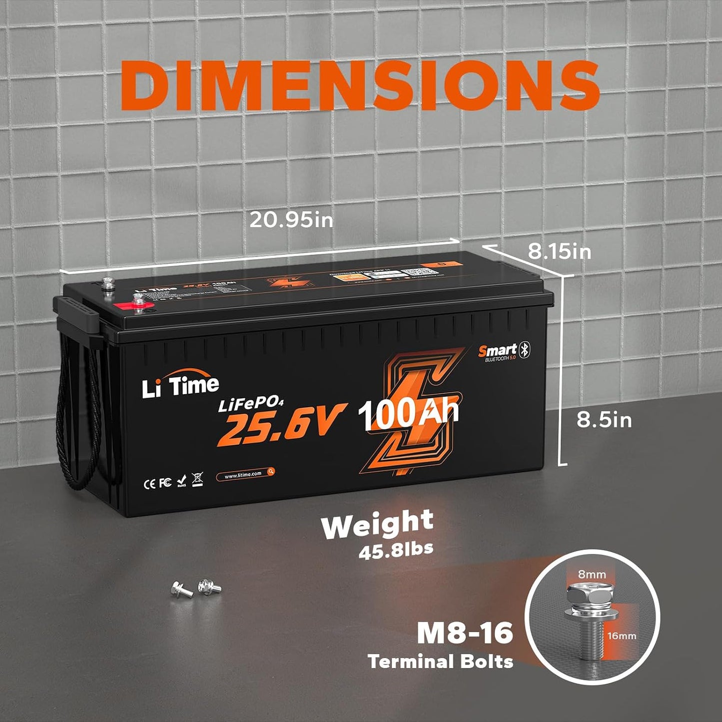 LiTime 24V 100Ah Bluetooth LiFePO4 Battery, Low-Temp Cutoff Protection, Built-in 100A BMS, 4000+ Deep Cycles for Trolling Motors, RVs, Marine, Off-Grid, Home Energy