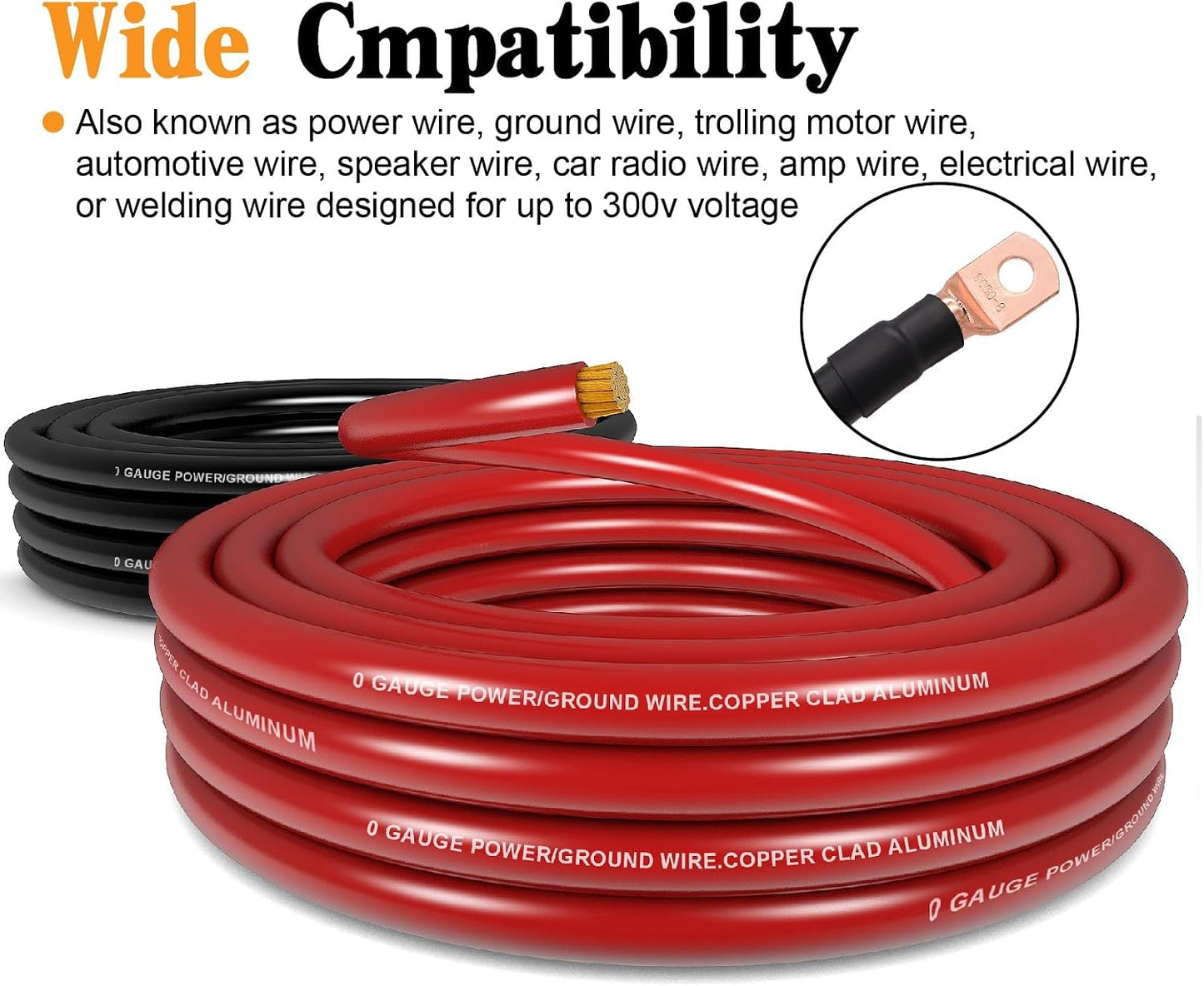 1/0 Gauge Battery Cable Wire Copper Clad Aluminum CCA Amp Wiring Kit 40FT Black/Red for Automotive Power Ground,Car Audio Speaker,Truck with 250A ANL Fuse Holder Lug Terminal Heat Shrink Tube