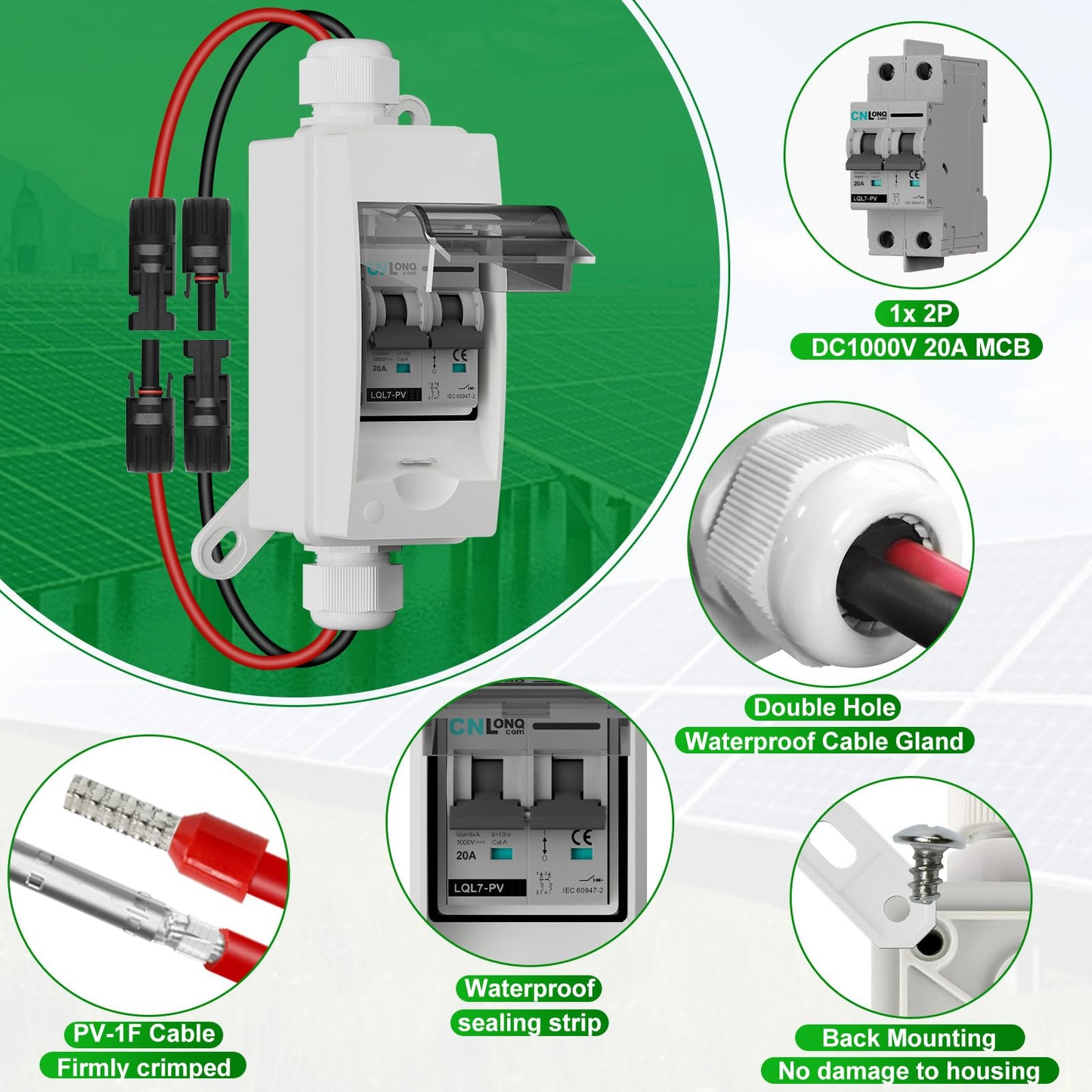 Solar Disconnect Switch 40A DC1000V Circuit Breaker 2P with PV Connector and IP65 Small Breaker Box and Wall Hooks for Outdoor PV Stystem, Battery, PV Array MCB