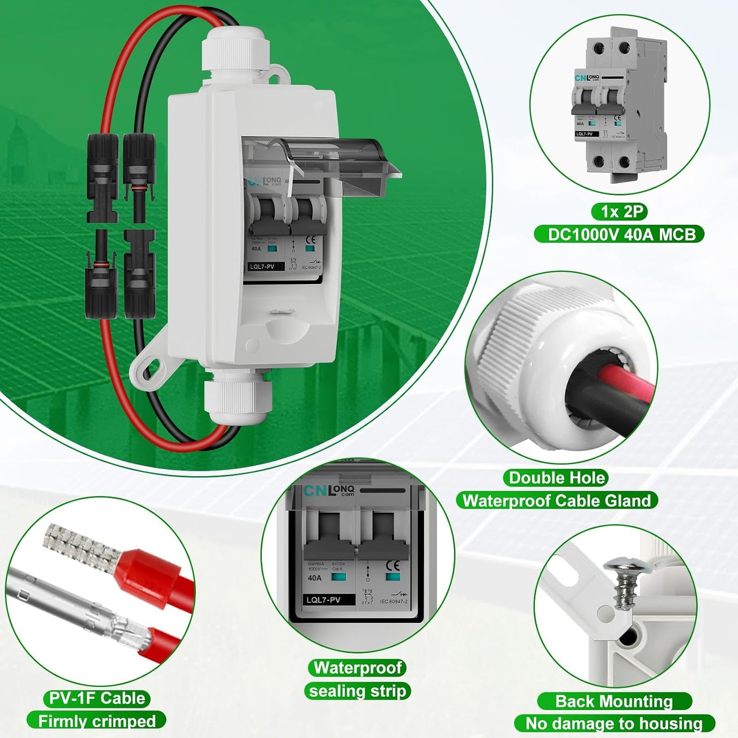 Solar Disconnect Switch 40A DC1000V Circuit Breaker 2P with PV Connector and IP65 Small Breaker Box and Wall Hooks for Outdoor PV Stystem, Battery, PV Array MCB