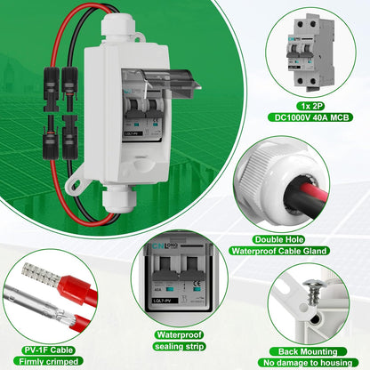 Solar Disconnect Switch 40A DC1000V Circuit Breaker 2P with PV Connector and IP65 Small Breaker Box and Wall Hooks for Outdoor PV Stystem, Battery, PV Array MCB