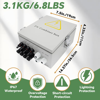 4 String Solar Combiner Box, IP65 Waterproof for On/Off Grid System, With Lightning Arrester, 15A Rated Current Fuse & 63A Circuit Breaker, Plastic Box