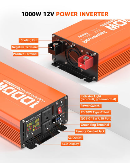 3000W Pure Sine Wave Power Inverter 24V DC to 110V AC Converter, LED Display,Remote Control, Car Inverter with 2AC Outlets,Fast Charging USB Port for RV,Truck,Home