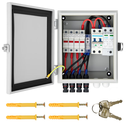 4 String Solar Combiner Box, IP65 Waterproof for On/Off Grid System, With Lightning Arrester, 15A Rated Current Fuse & 63A Circuit Breaker, Plastic Box