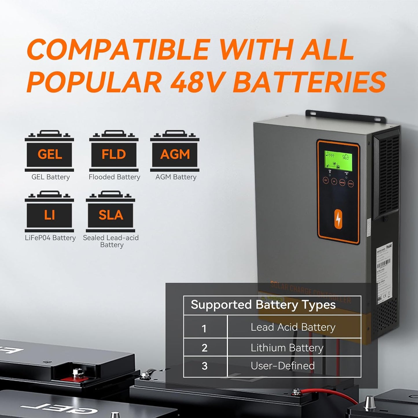 PowMr 140A MPPT Solar Charge Controller 48V, 140Amp Solar Regulator Max.PV Input 500V, Max. Charging Current Can be Set, Work with 48V Lead-Acid and Lithium Batteries
