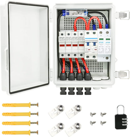 4 String Solar Combiner Box, IP65 Waterproof for On/Off Grid System, With Lightning Arrester, 15A Rated Current Fuse & 63A Circuit Breaker, Plastic Box