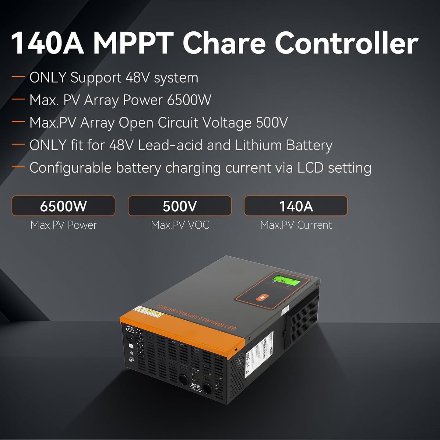 PowMr 140A MPPT Solar Charge Controller 48V, 140Amp Solar Regulator Max.PV Input 500V, Max. Charging Current Can be Set, Work with 48V Lead-Acid and Lithium Batteries