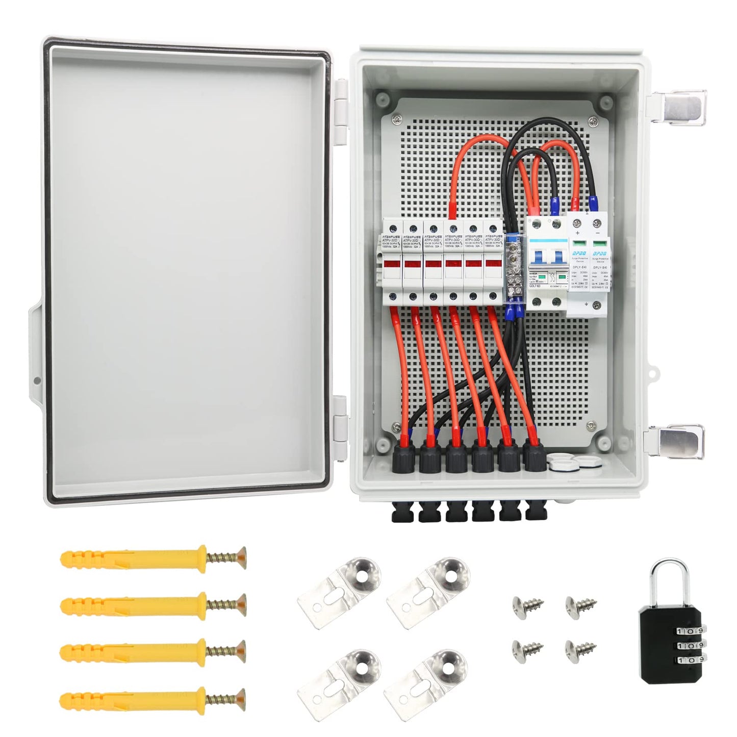 4 String Solar Combiner Box, IP65 Waterproof for On/Off Grid System, With Lightning Arrester, 15A Rated Current Fuse & 63A Circuit Breaker, Plastic Box