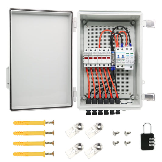 4 String Solar Combiner Box, IP65 Waterproof for On/Off Grid System, With Lightning Arrester, 15A Rated Current Fuse & 63A Circuit Breaker, Plastic Box