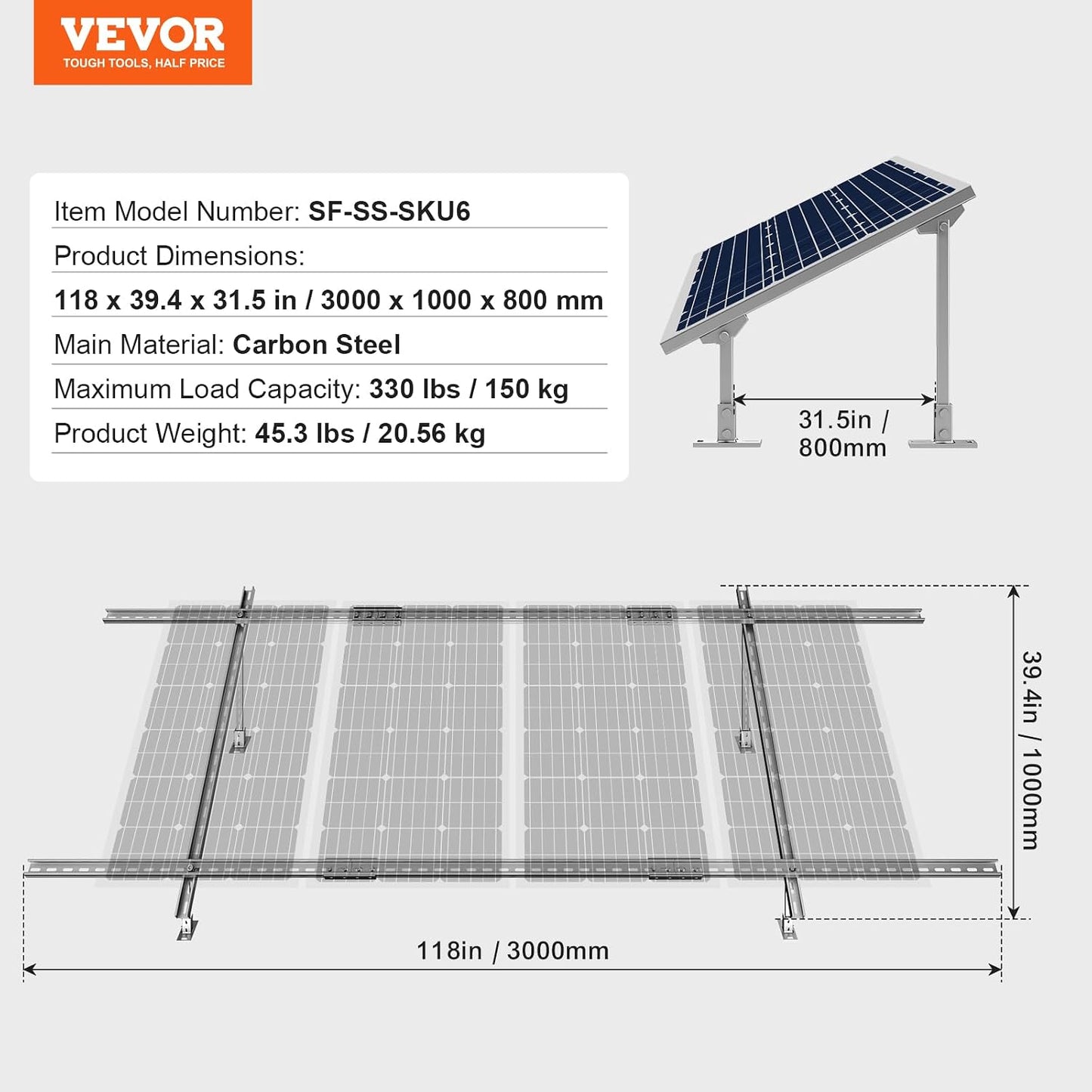 VEVOR Solar Panel Mounting Brackets, 30°-60° Adjustable Multi-Pieces Solar Panel Brackets for 1-4PCS, Carbon Steel Ground Mount Stand for Farms, RVs, Boats, Off-Grid System