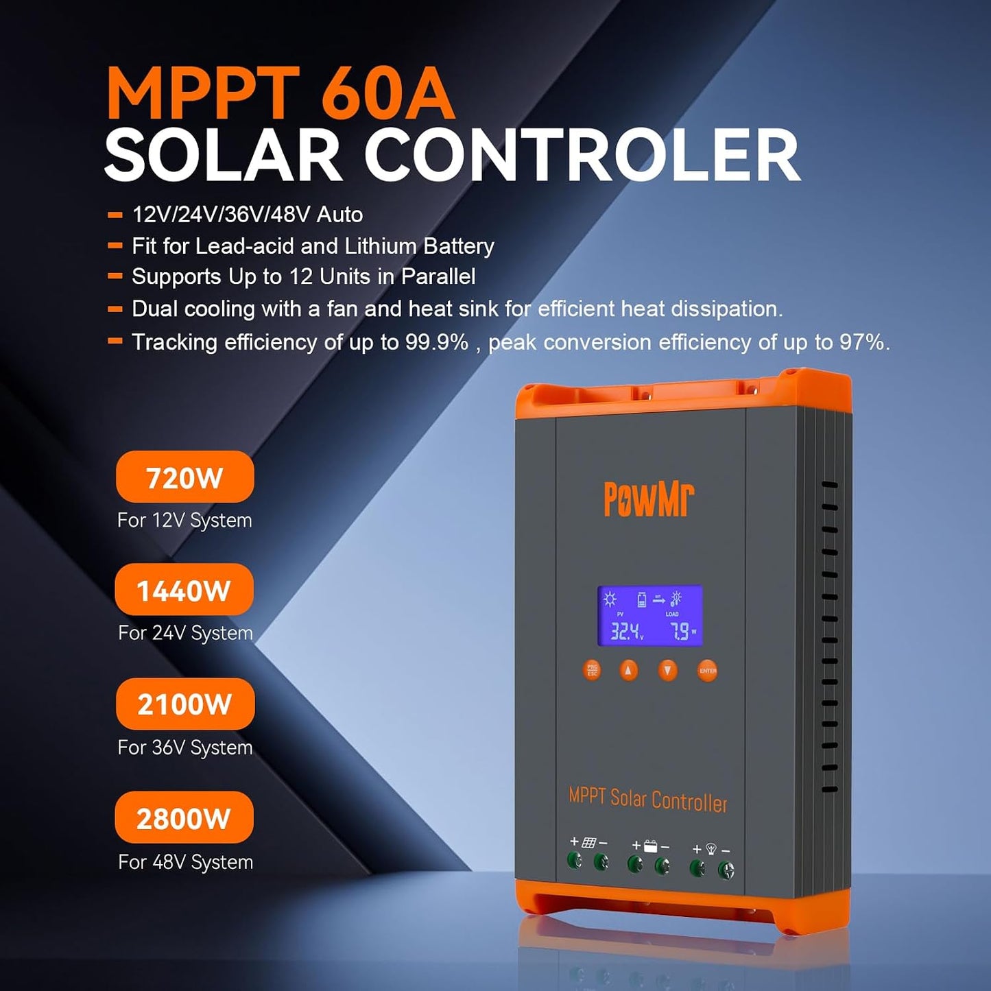 MPPT Charge Controller 60A 12V/24V/48V Auto, 60 amp Solar Charge Controller w/ LCD Display, Work with Lead-Acid and Lithium Batteries, Support 12(Max) Solar Regulator Connections in Parallel